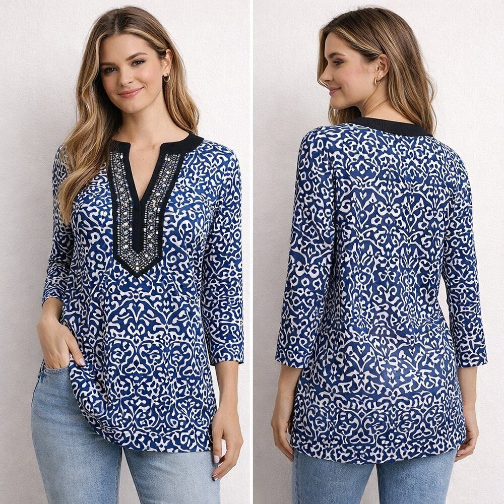 Charter club blue, white, black 3/4 sleeve tunic - medium
